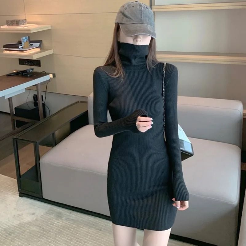 Sexy Turtleneck Knitted Mini Dress - Autumn Winter Elastic Skinny Sweater Dress