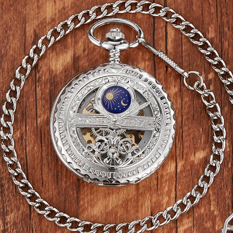 Mechanical Pocket Watch Star and Moon Phase Skeleton Design