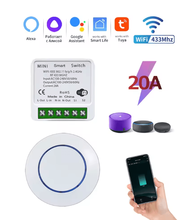 PowerSync 20A Tuya WiFi Smart Switch with RF Control and Voice Integration