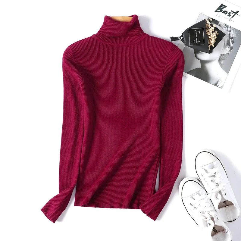 Autumn Winter Women's Ribbed Turtleneck Knit Sweater – Slim Fit Soft Warm Pullover