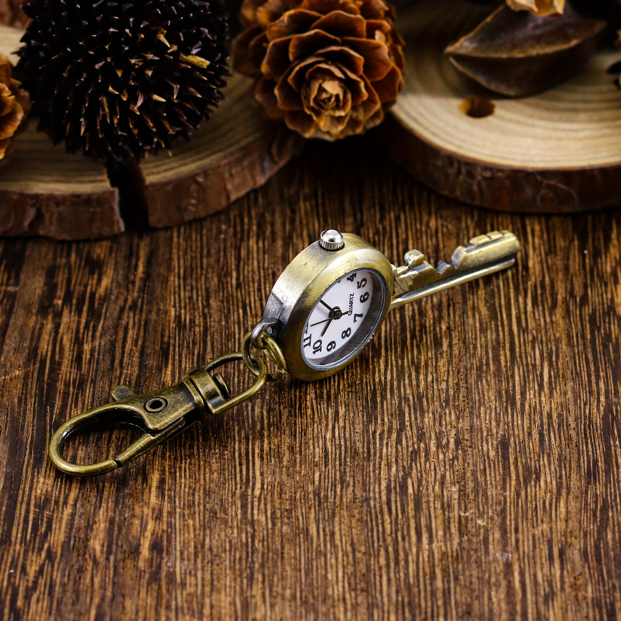 Vintage Antique Copper Pocket Watch Keychain Necklace Quartz Timepiece