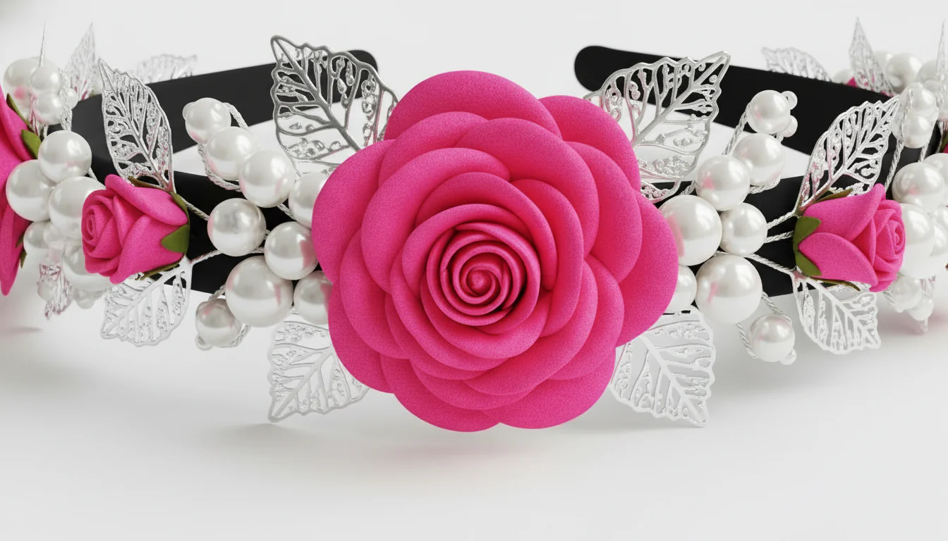 Pink Rose Headband with Pearls & Silver Leaves