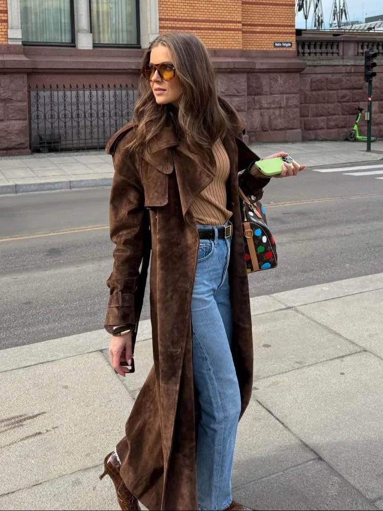 Brown Long Suede Overcoat Women Fashion Solid Lapel Single Breasted Loose Outerwear