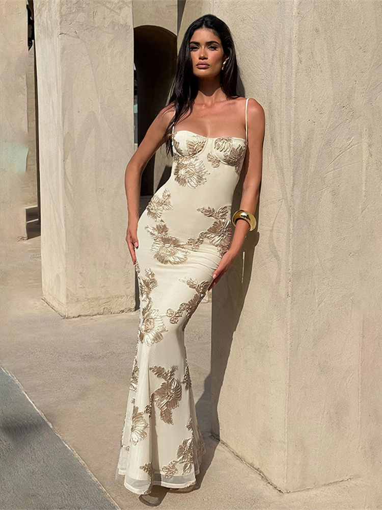 Nibber Elegant Flower Embroidery Maxi Dress Women, Low Neck Cross Bandage Backless Summer Skinny Holiday Vestidos