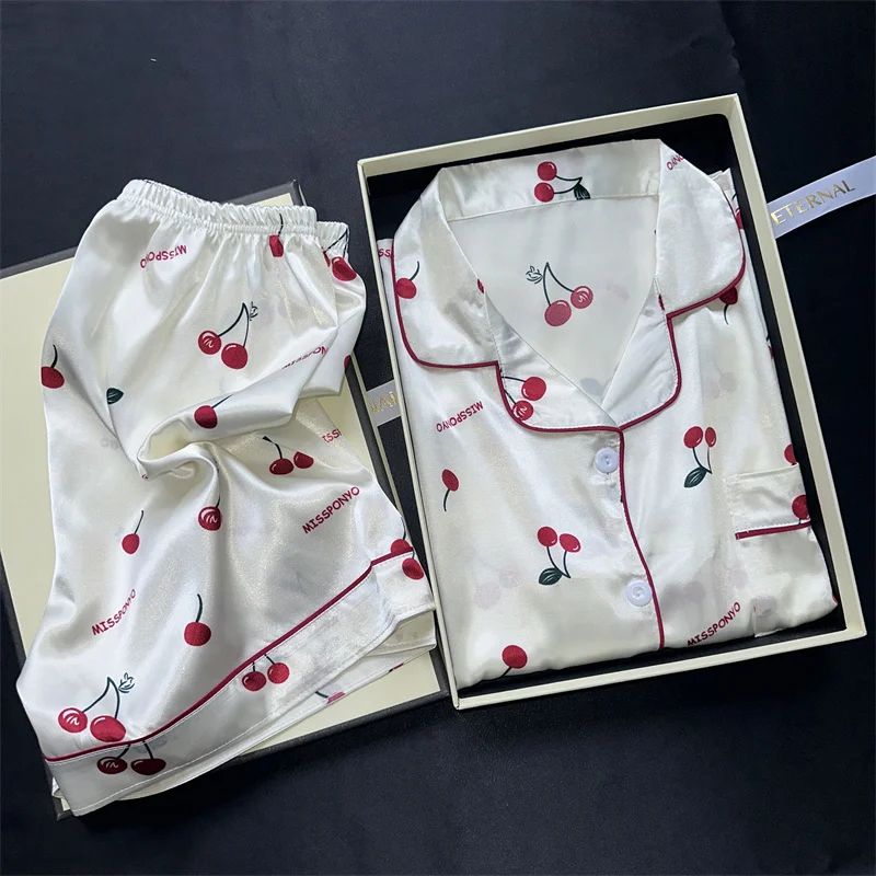 Women Cherry Print Satin Style Pajama Set with Top and Shorts