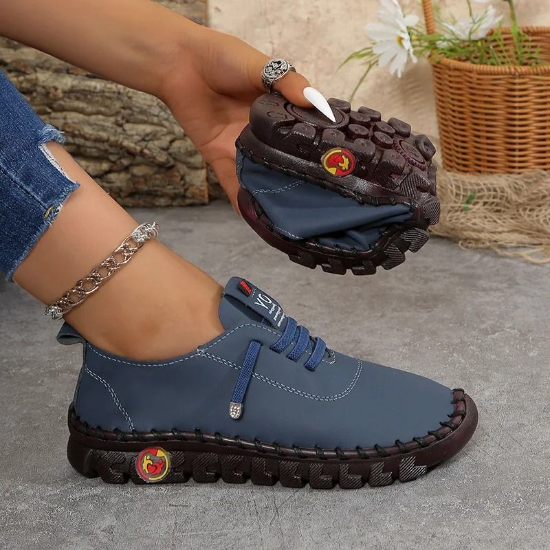 Women Leather Loafers Casual Lace Up Flat Shoes