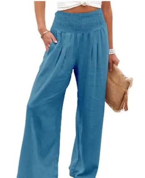 Women Drawstring Wide Leg Casual Pants Mid Waist Beach Trousers