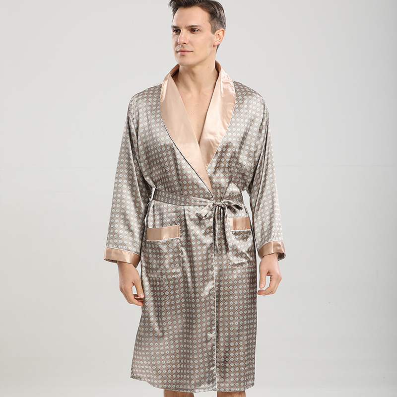 Navy Blue Stripe Men Kimono Bathrobe Gown Satin Sleepwear with Pocket Summer Lounge Wear