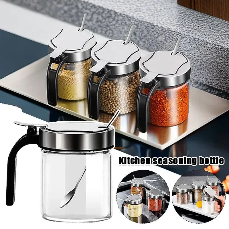 Glass Seasoning Jar with Spoon for Kitchen Storage