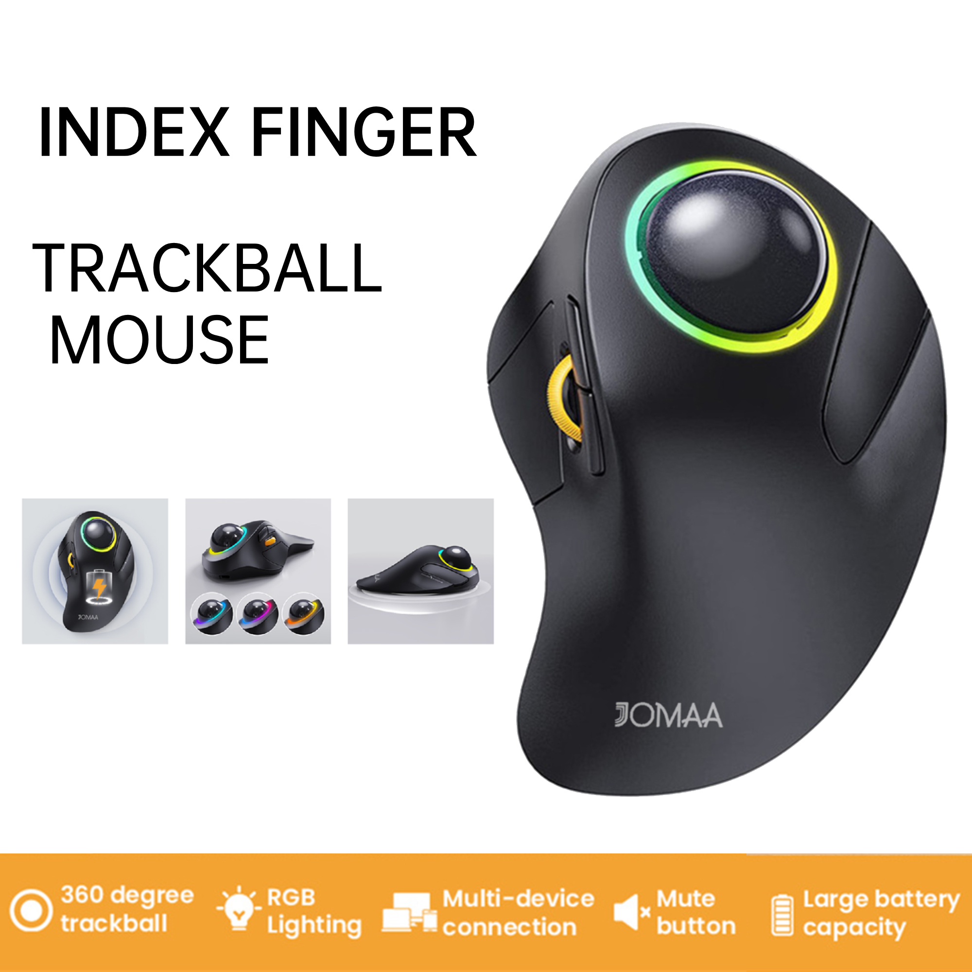 Ergonomic Rollerball Gaming Mouse, Rechargeable Wireless Trackball, & Bluetooth RGB Gear Adjustable