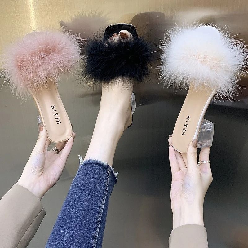 Sexy Faux Fox Fur Square Toe Pumps – Elegant Chunky Heel Summer Slippers