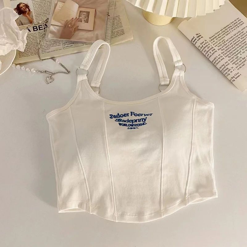 Y2K Shoulder Belt Iron Ring Crop Tank Top with Built-In Bra Pad – Embroidered Letter Slim Fit Cami