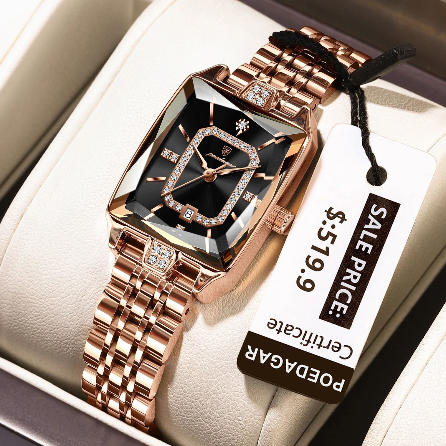 POEDAGAR Luxury Waterproof Rectangle Women's Quartz Watch with Calendar