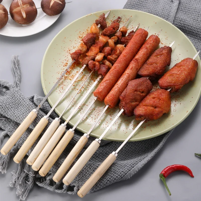 Reusable Stainless Steel BBQ Skewers with Wooden Handles – Anti-Scalding, Wide Metal Skewers for Barbecue and Grilling