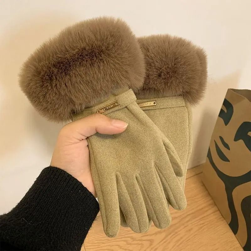 Women Winter Touchscreen Suede Gloves with Plush Cuff and Fleece Lining