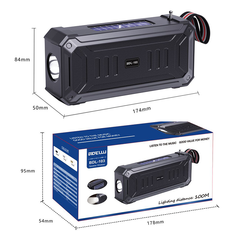 Solar Wireless Bluetooth Speaker with Flashlight Dual Solar Power, Rechargeable MP3 Player & FM Radio
