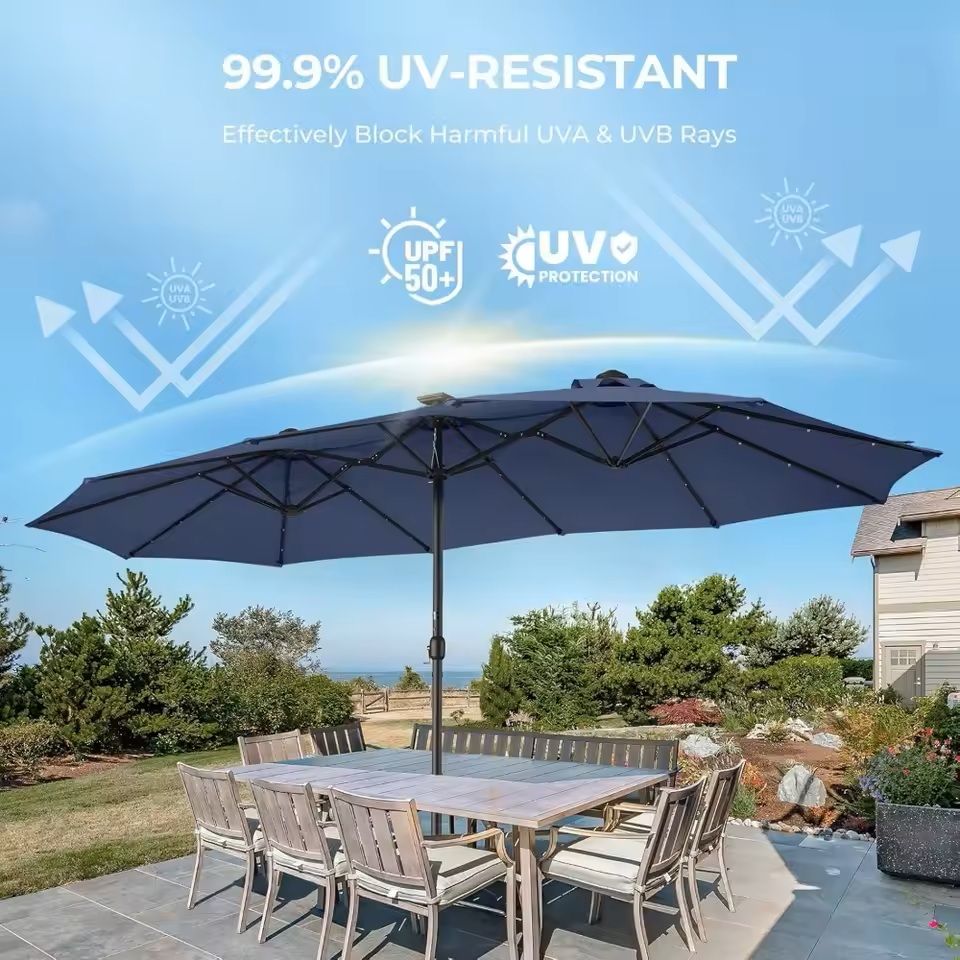 Extra Large Double Sided Patio Umbrella with Solar Lights and Base
