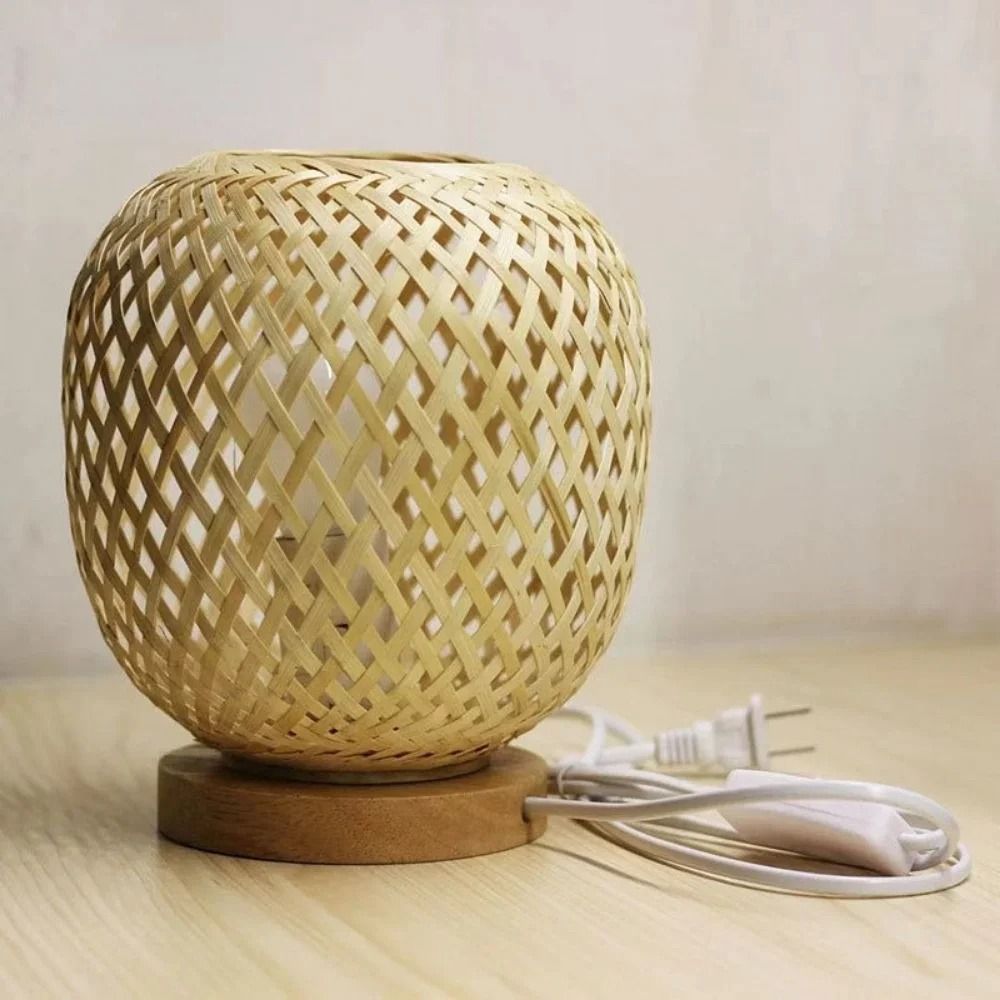 Adjustable Rattan Table Lamp with Bamboo Woven Shade Natural Bedside Light