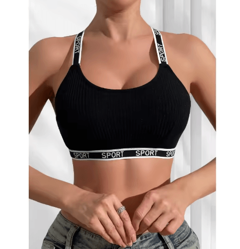 Ribbed Letter Print Sports Bralette – Breathable Camisole Style Womens Athletic Lingerie