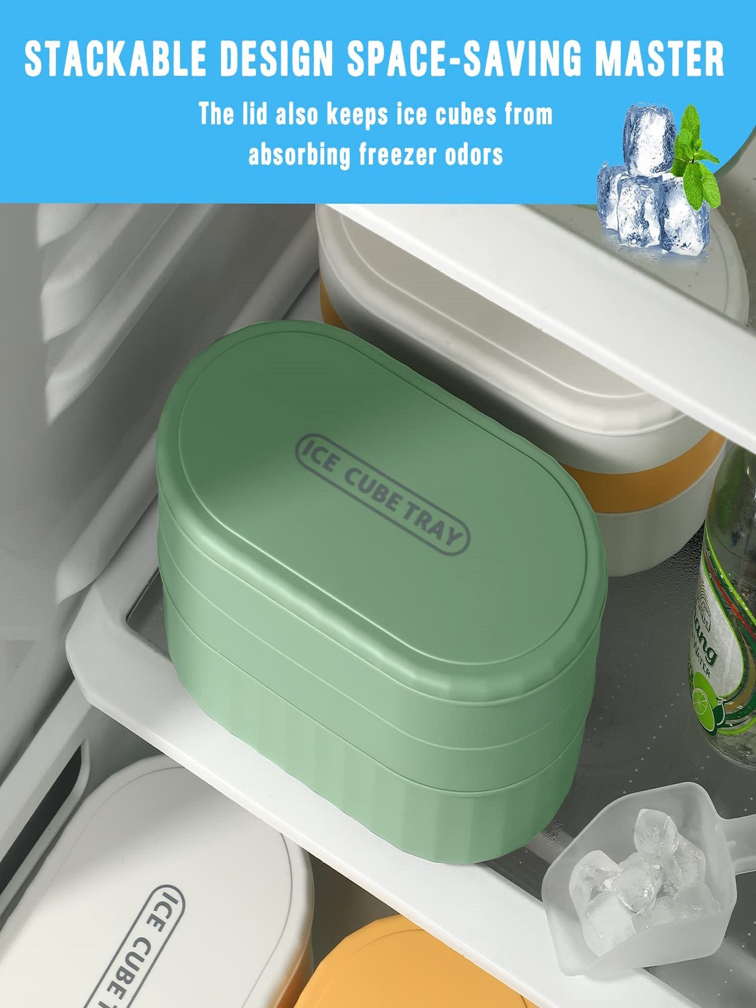 Stackable Double Ice Cube Tray with Lid and Case, Ice Cubes with Container and Spoon Included BPA Free