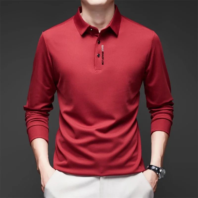 Men's Solid Polo Shirt – Long Sleeve Business Casual Polo with Badge, Anti-Wrinkle Breathable Shirt