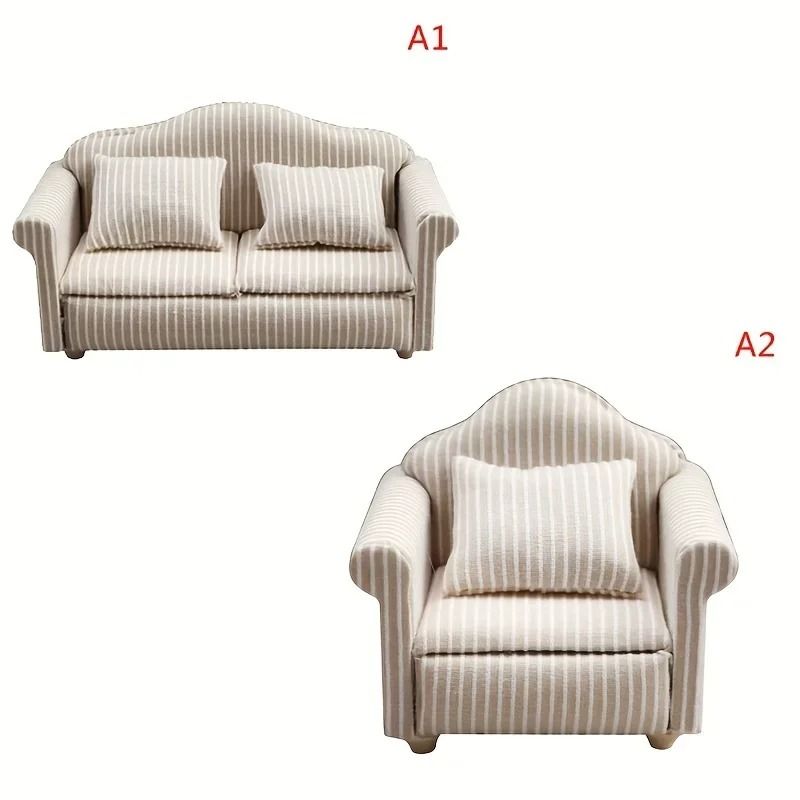 Miniature Dollhouse Sofa Set – Elegant Living Room Furniture with Pillows