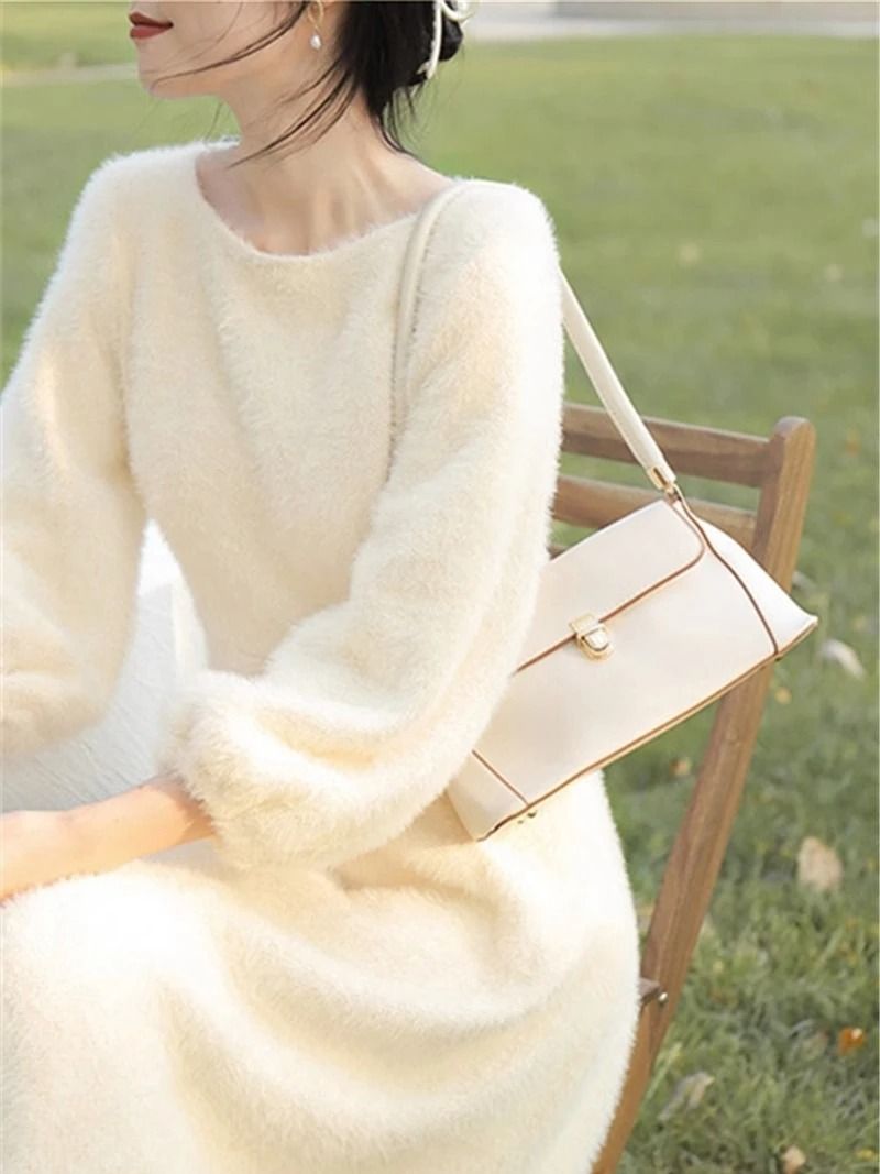 Womens Plush White Sweater Dress Long Sleeve Elegant Winter Knit Dress
