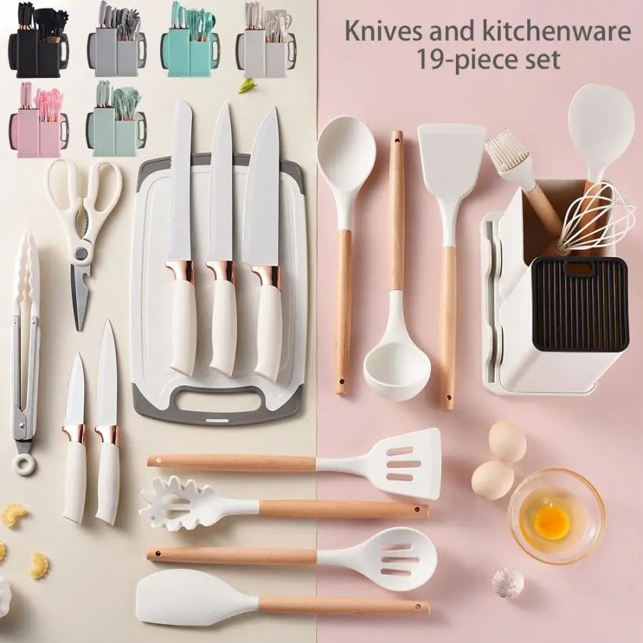 19 Piece Silicone Kitchenware Set with Knives Cutting Board and Utensils
