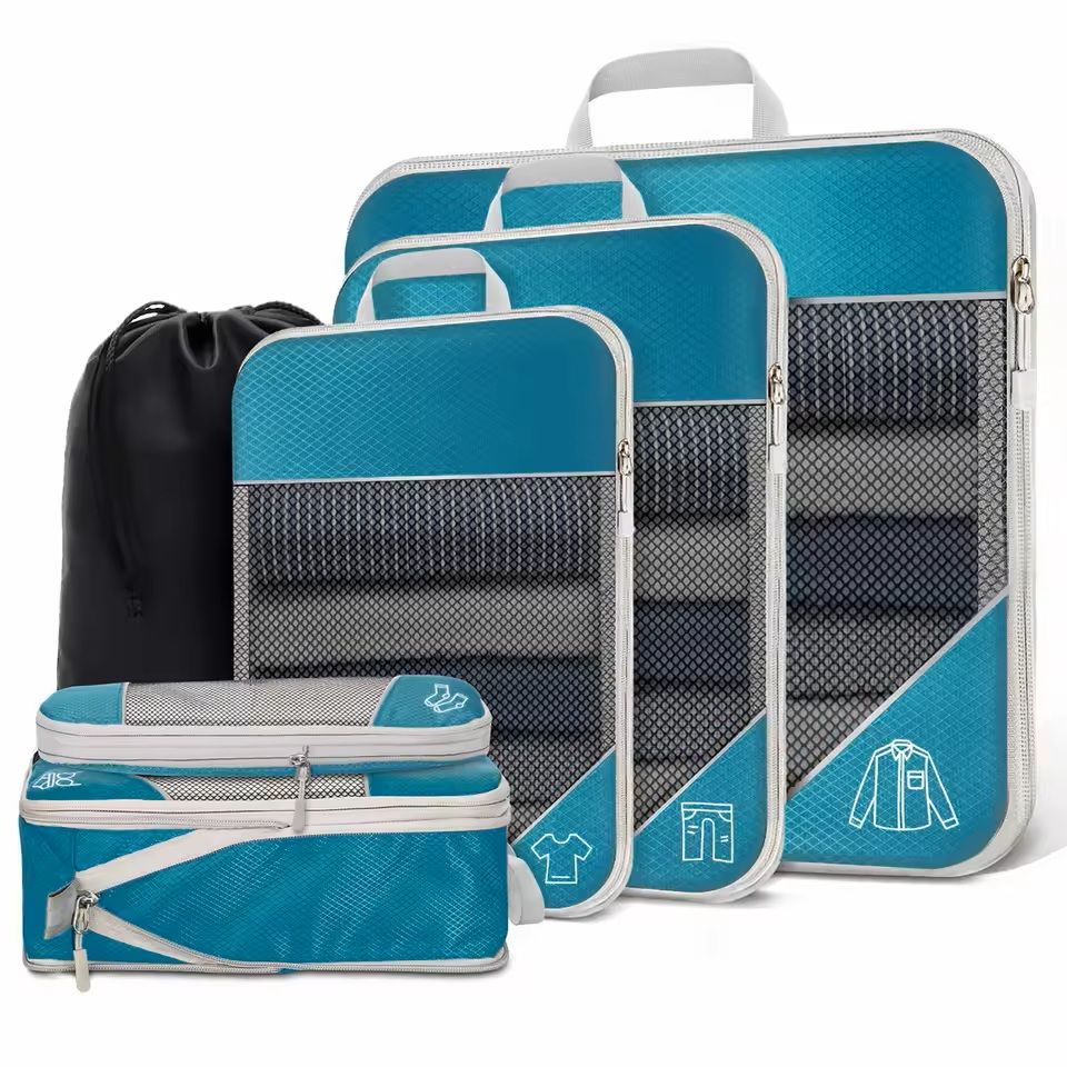 6 Piece Travel Packing Cubes Set with Shoe Bag and Mesh Windows