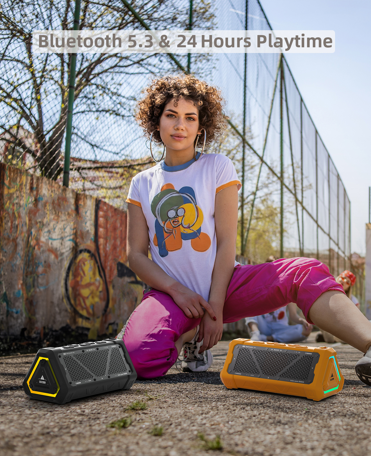 Output Power Bluetooth 5.3 Outdoor Speaker, IPX7 Waterproof, Stereo Sound, RGB Light, Micro SD Card
