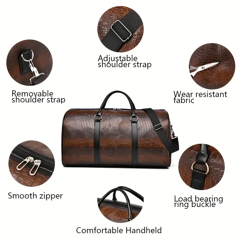 Large Capacity Crocodile Texture Travel Duffel Bag Retro Leather Style Weekender
