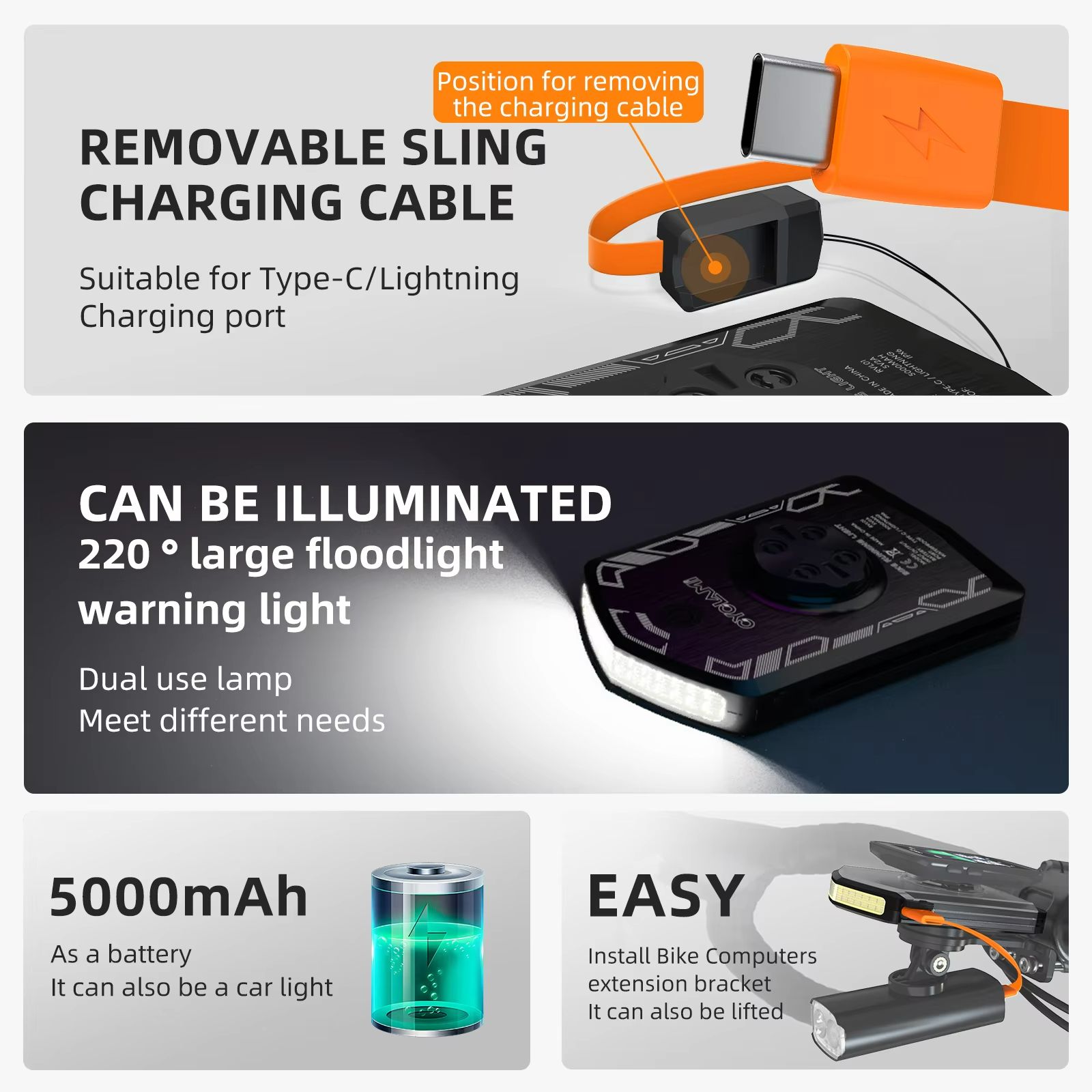 CYCLAMI RVL01 Rechargeable Bike Headlight – 5000mAh USB-C Front Bicycle Light Compatible with Garmin & XOSS