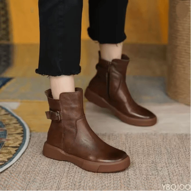 Womens Retro Leather Ankle Boots Casual Platform Short Boots