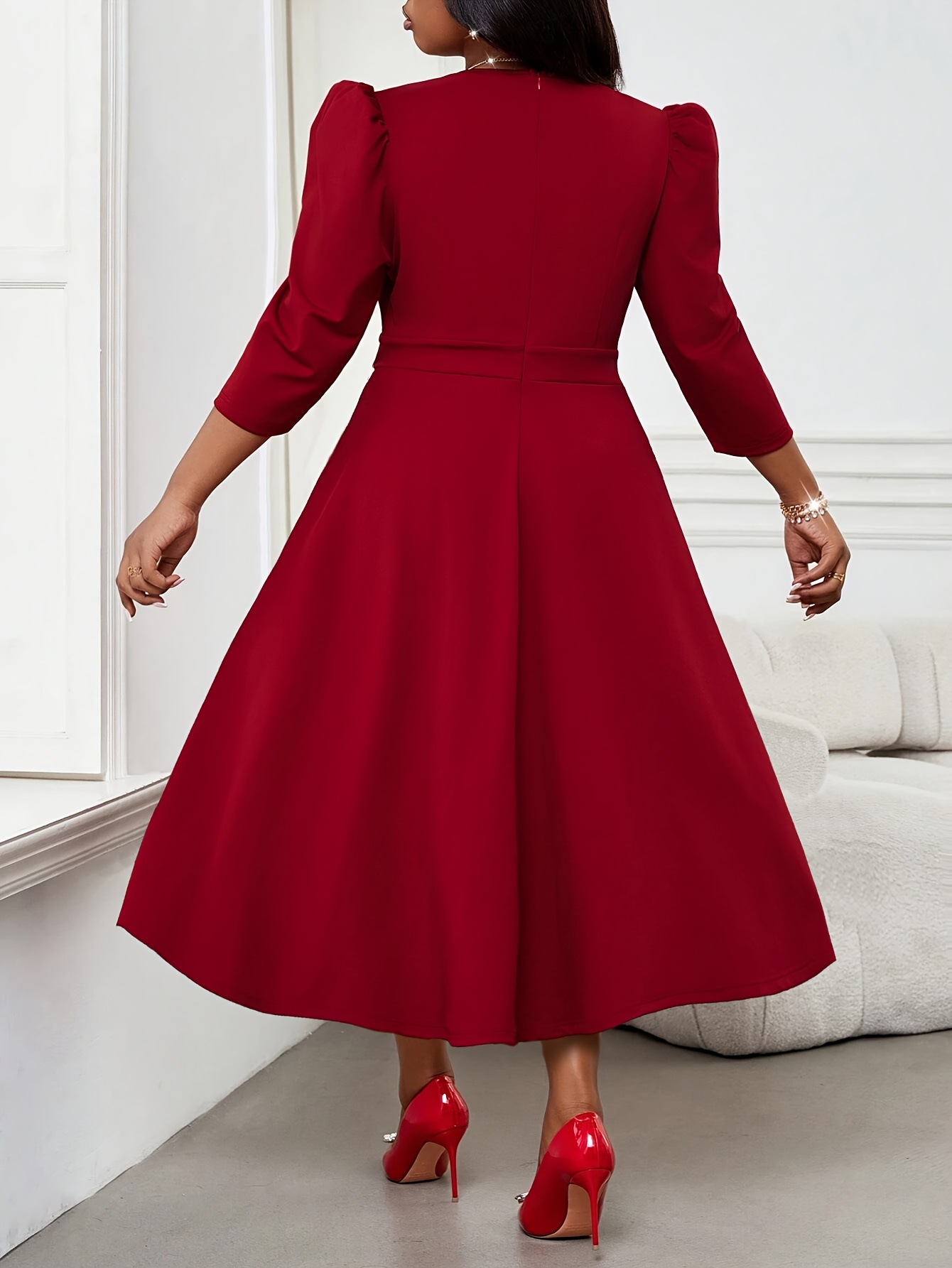 Elegant Red Dress for Large Sized Women, High End Womens Wear, Spring and Autumn Three Quarter Sleeves
