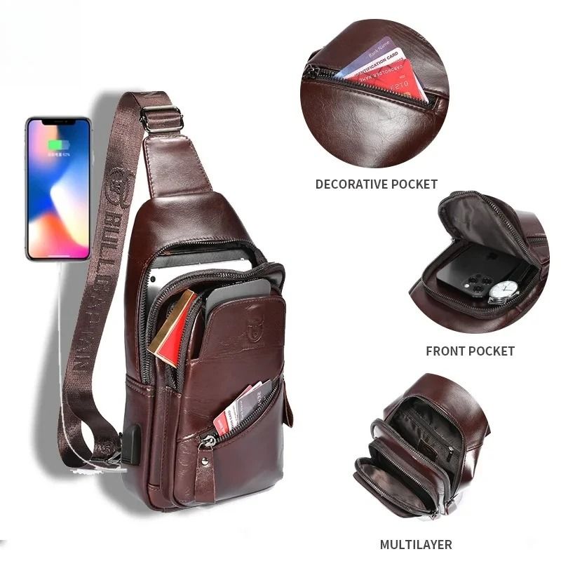 BULLCAPTAIN Mens Leather Chest Bag Large Capacity Casual Crossbody Sling