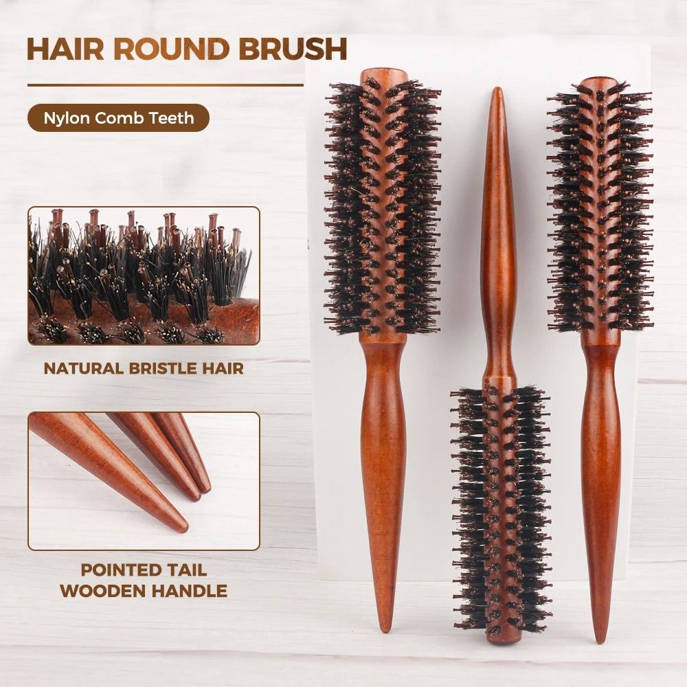 Wood Handle Boar Bristle Round Hair Brush for Styling and Curling