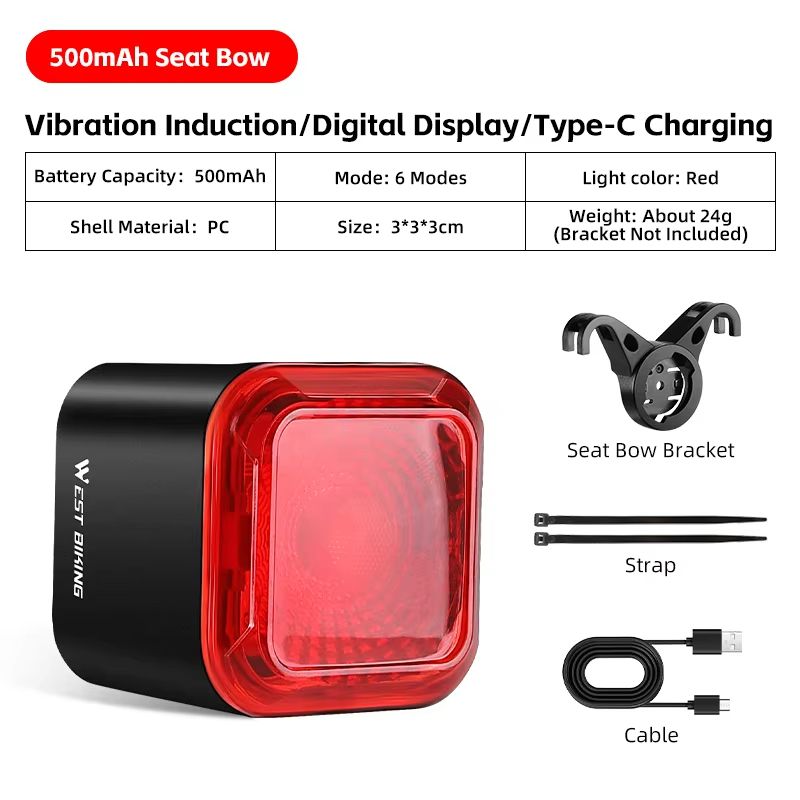 WEST BIKING Smart Bike Tail Light – Brake Sensing Rear Light with Digital Power Display & Auto On/Off