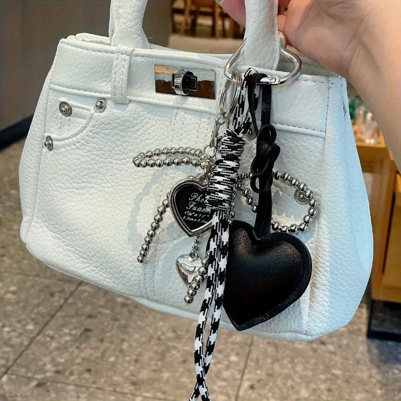 Trendy Leather Heart Bow Delicate Beaded Keychain