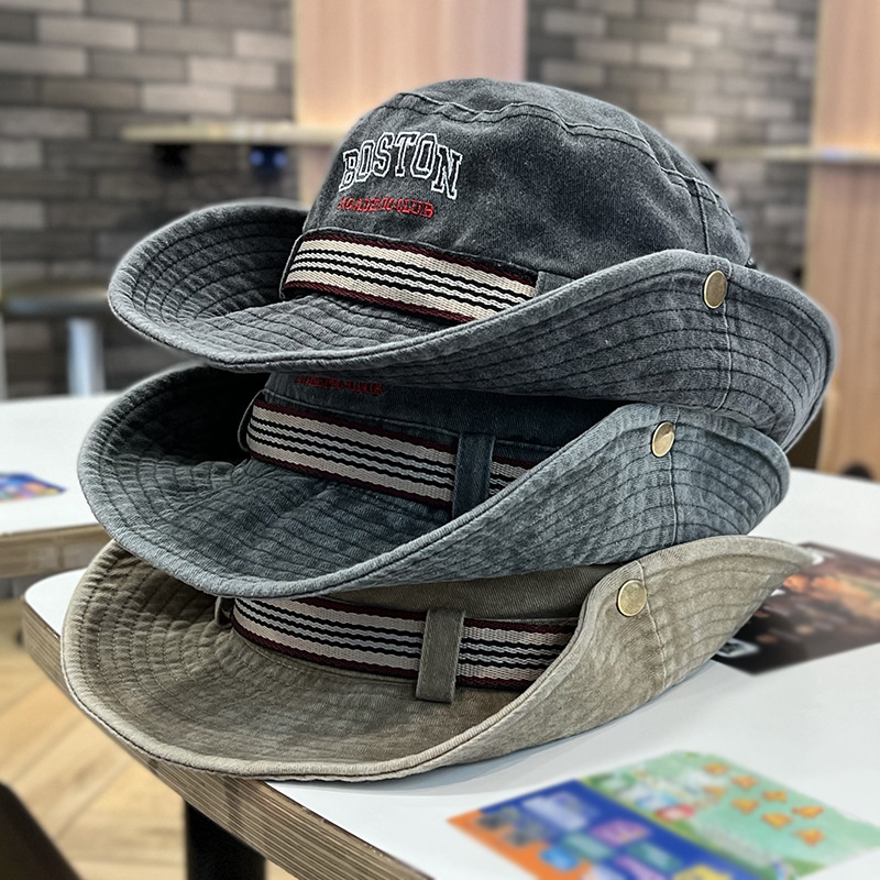 Mens Wide Brim Bucket Hat UV Protection Washed Cotton Outdoor Safari Sun Hat