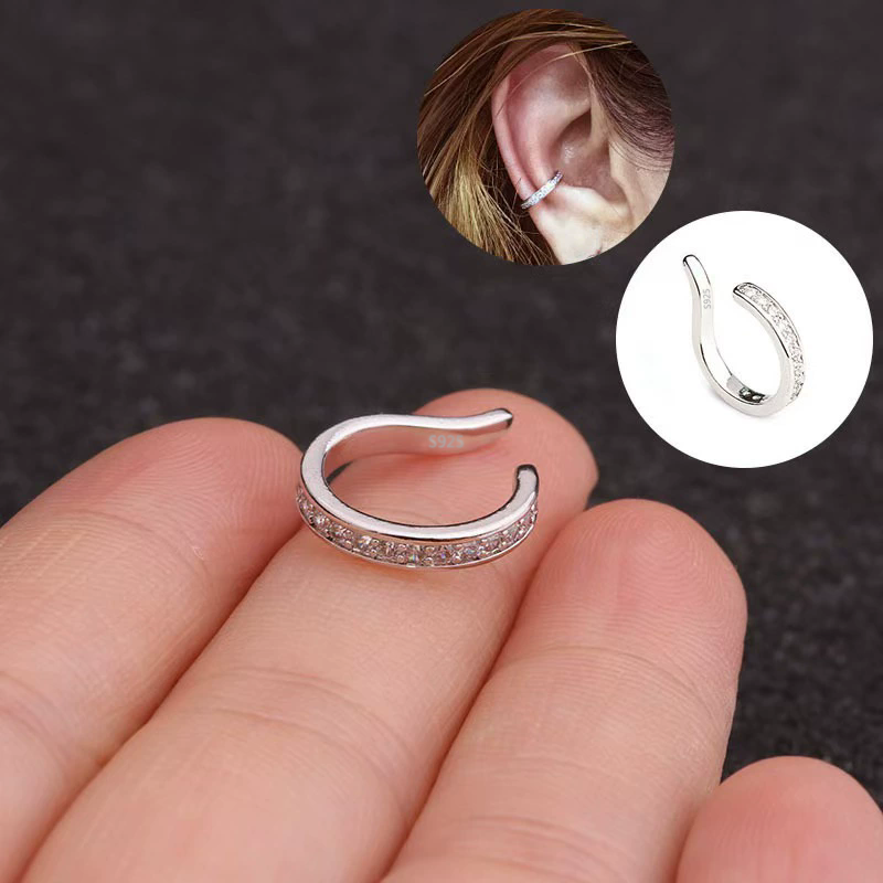 Sterling Silver Fashion Fine C Shape Zircon No Hole EarCuff Earrings Women Men Punk Rock Rhinestone Jewelry