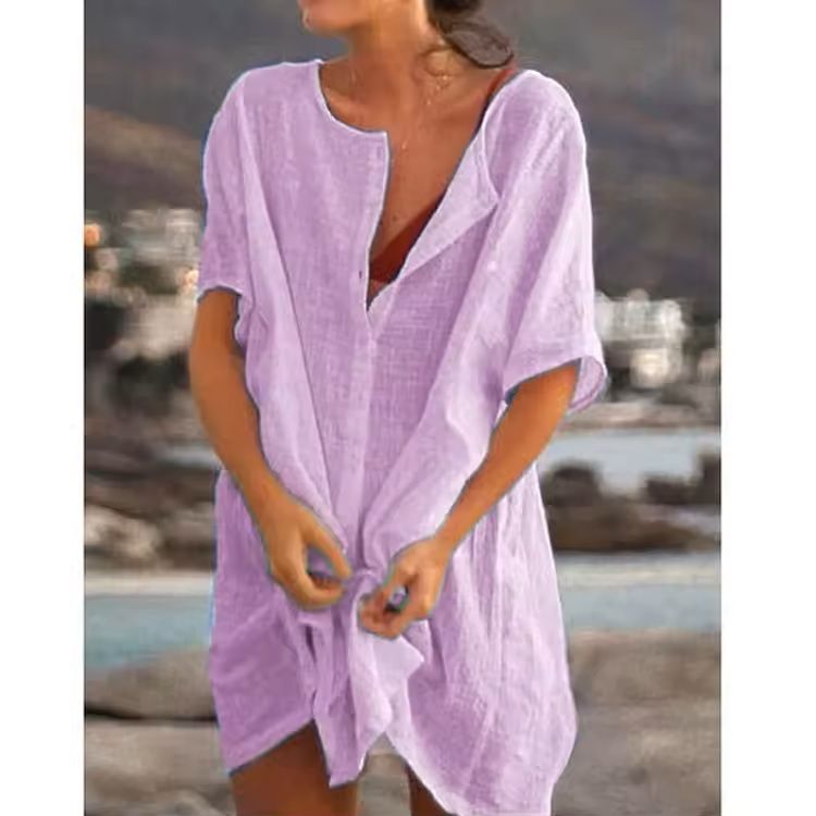Cotton Linen Oversized Summer Blouse – Vintage Short Sleeve Button Down Shirt for Women