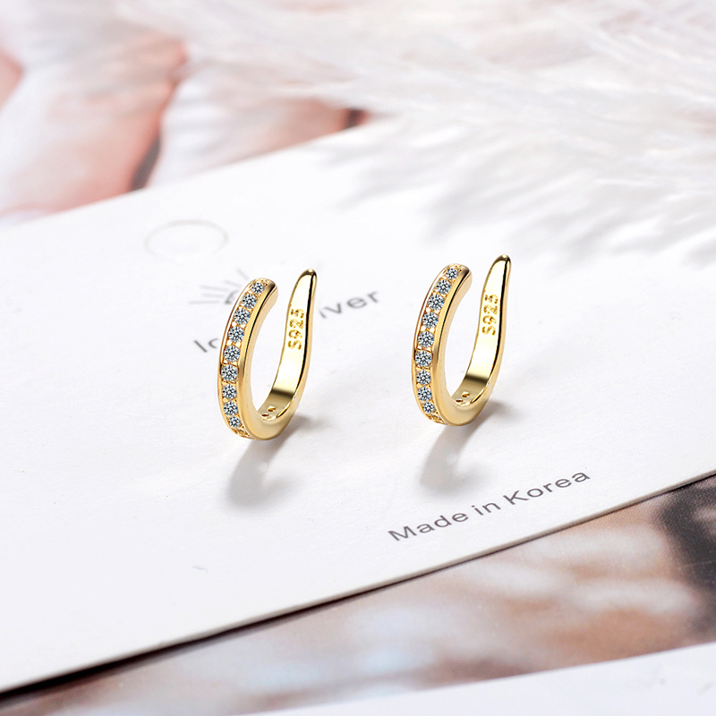 Sterling Silver Fashion Fine C Shape Zircon No Hole EarCuff Earrings Women Men Punk Rock Rhinestone Jewelry