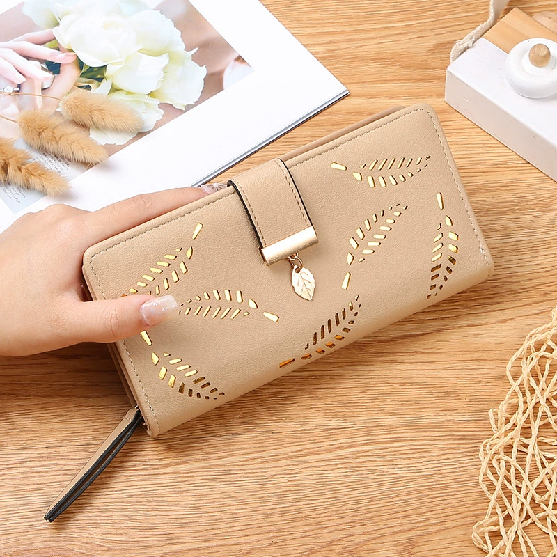Sleek Womens Long PU Leather Wallet with Intricate Leaf Design, Large Capacity Cardholder Clutch