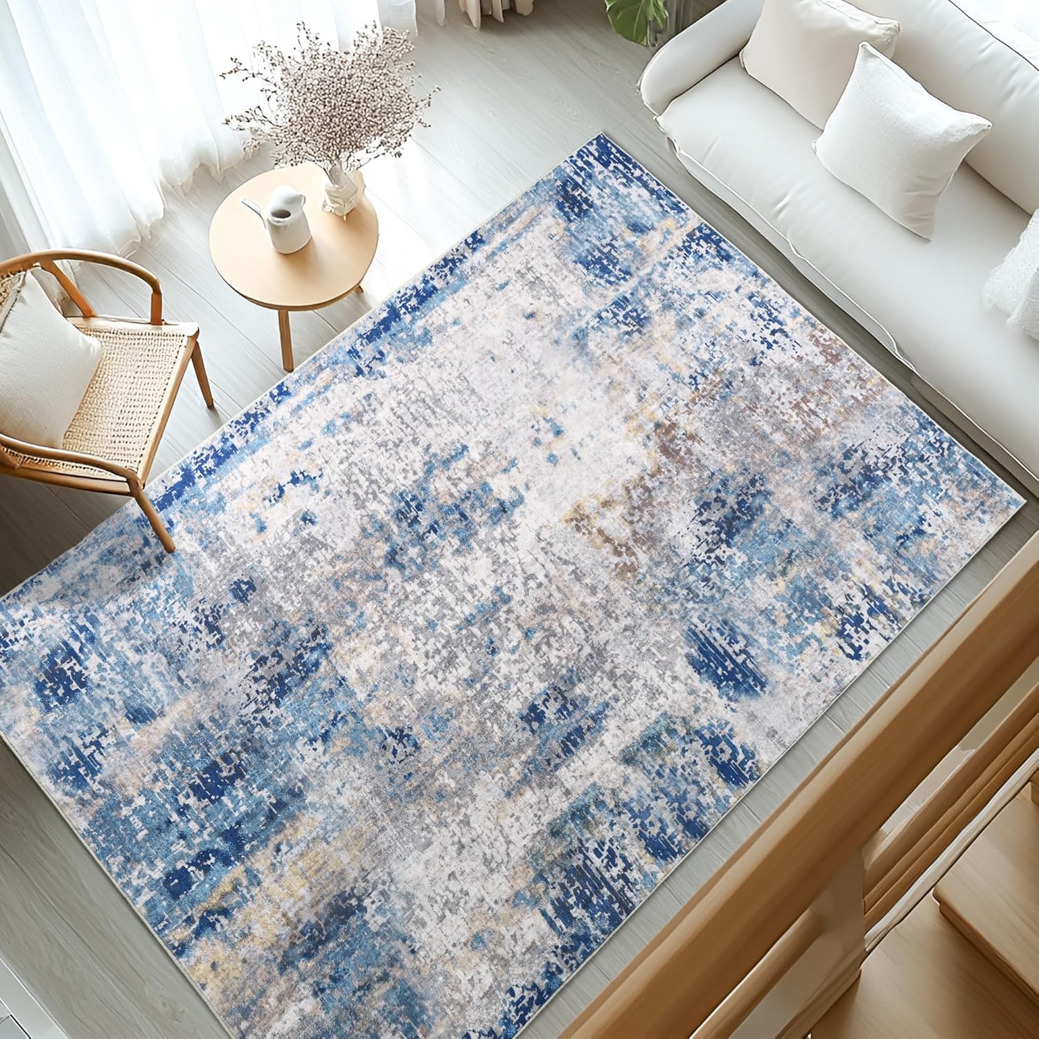 Living Room Area Rugs Soft Large Modern Abstract Area Rug, Boho Vintage Machine Washable Non Slip Carpet Low Pile Rugs