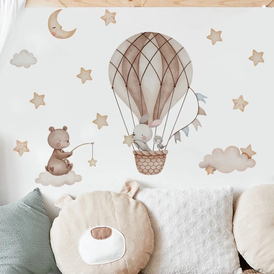 Hot Air Balloon Animal Wall Decals | Bear & Rabbit Nursery Stickers | Executive Child & Studio Sanctuary Decor