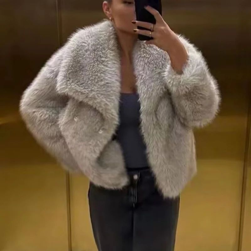 LuxeFluff Womens Faux Fur Coat – Plush Fluffy Winter Jacket with Turn-Down Collar