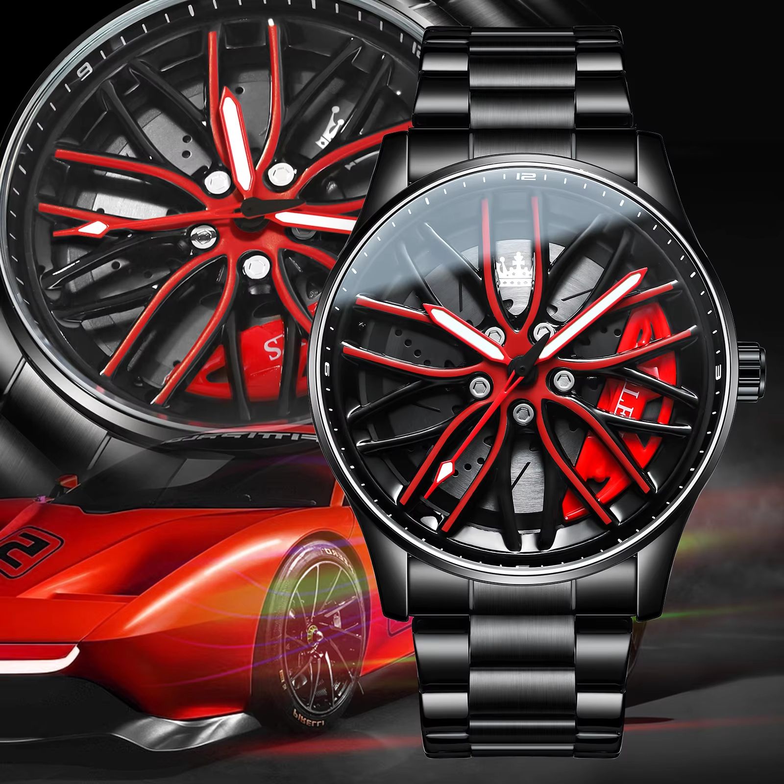OLEVS Car Rim men's quartz watch Stainless Steel car wheel watch Waterproof Sport Wristwatch