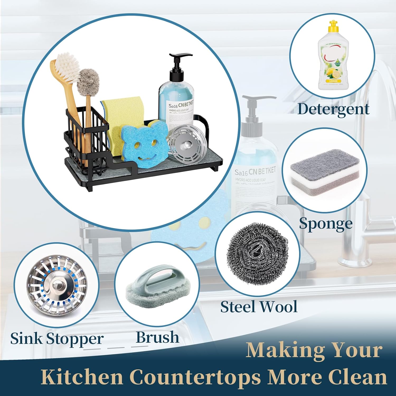 Stainless Steel Sink Caddy Organizer with Fast-Dry Kitchen Sponge Holder, Diatomite Base