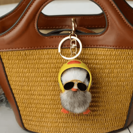 Cute Fluffy Duck Keychain Plush Little Duck with Helmet and Sunglasses Bag Pendant