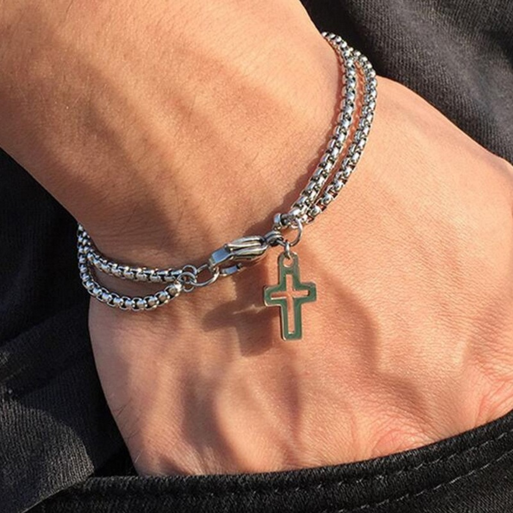 Punk Cross Hollow Wrist Bracelet Double Chain Stainless Steel Retro Jewelry for Men Women Lobster Claw Clasp